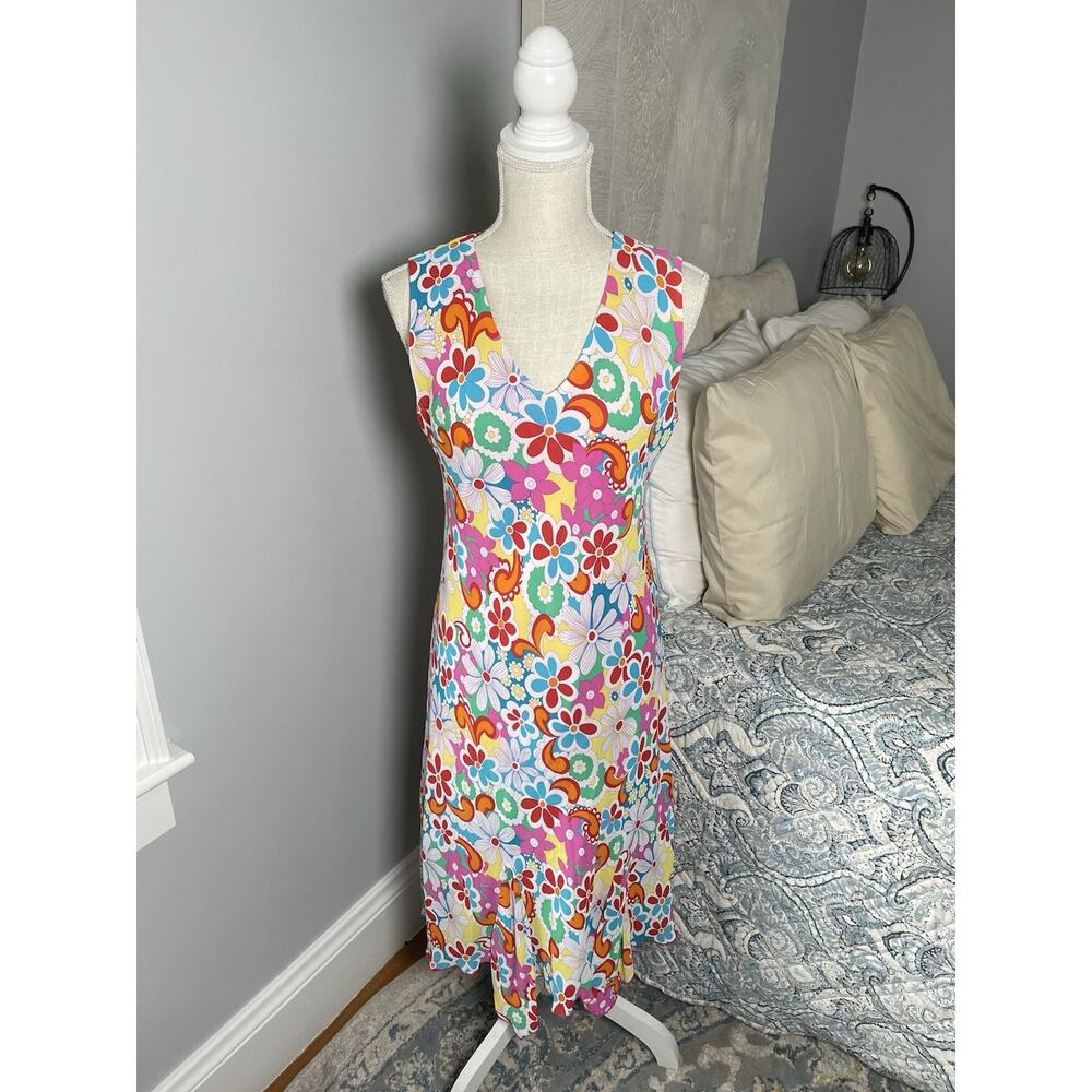 Lily Floral Midi Dress L Retro Mod Y2K Sleeveless V-Neck Rainbow 60s Print